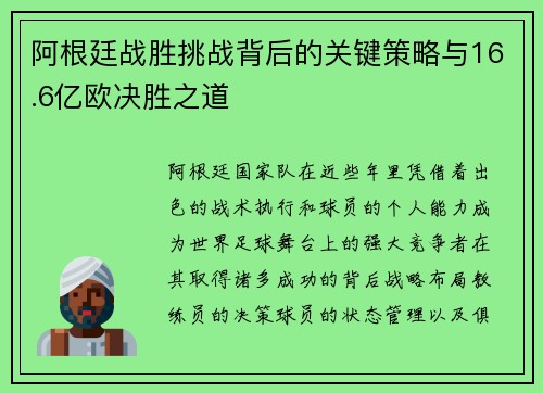 阿根廷战胜挑战背后的关键策略与16.6亿欧决胜之道