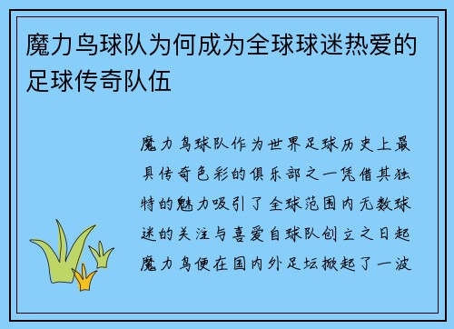 魔力鸟球队为何成为全球球迷热爱的足球传奇队伍